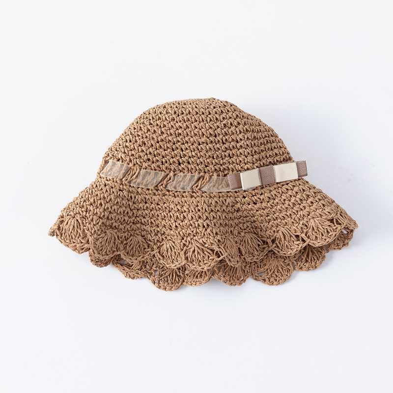 キッズ帽子 優しい波形ブリム 手編み麦わら帽子