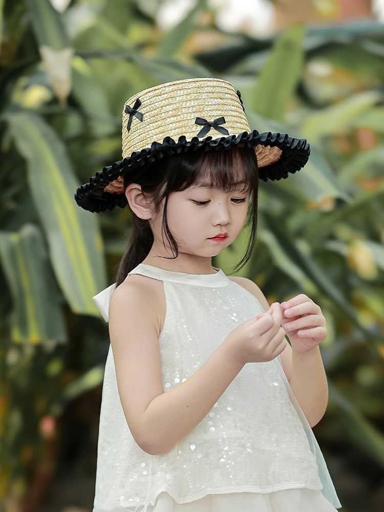 キッズ帽子 リボン飾り付き子供用麦わら帽子