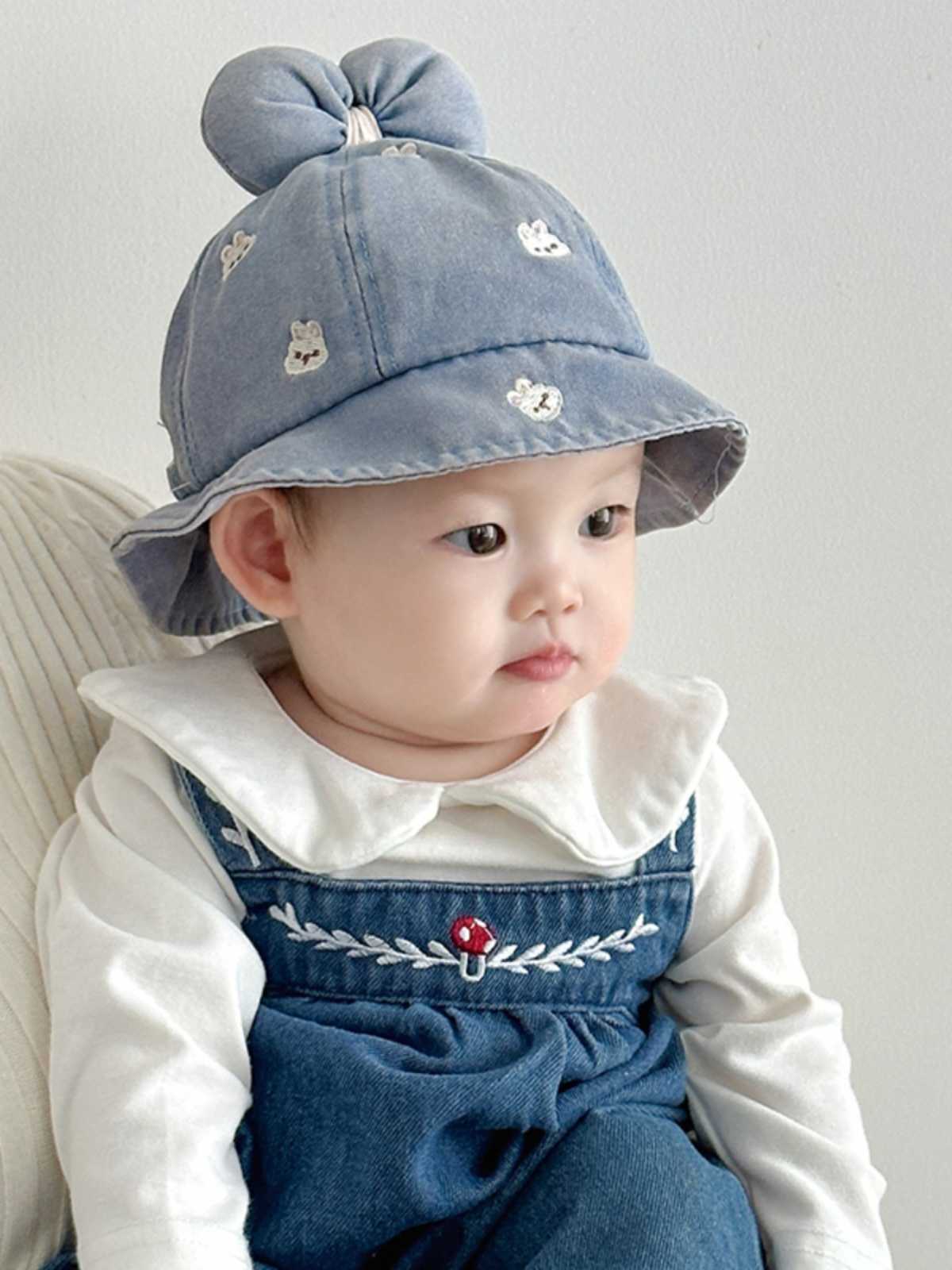 キッズ帽子 キッズ帽子 うさぎ刺繍付きふわふわリボンバケットハット