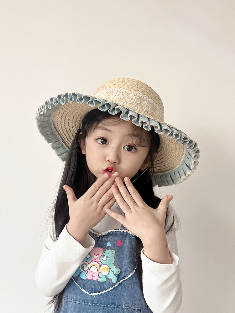 キッズ帽子 レースフリル麦わら帽子