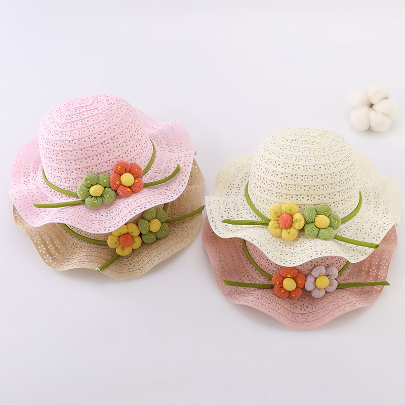 キッズ帽子 花飾り付き刺繍レース麦わら帽子