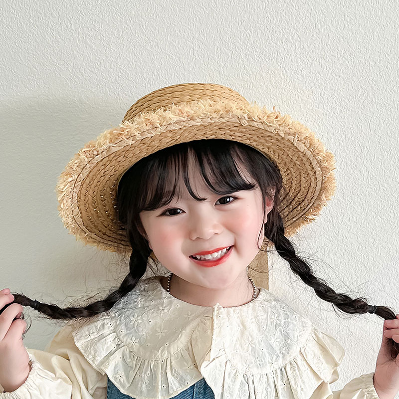キッズ帽子 ふわふわリボン麦わら帽子