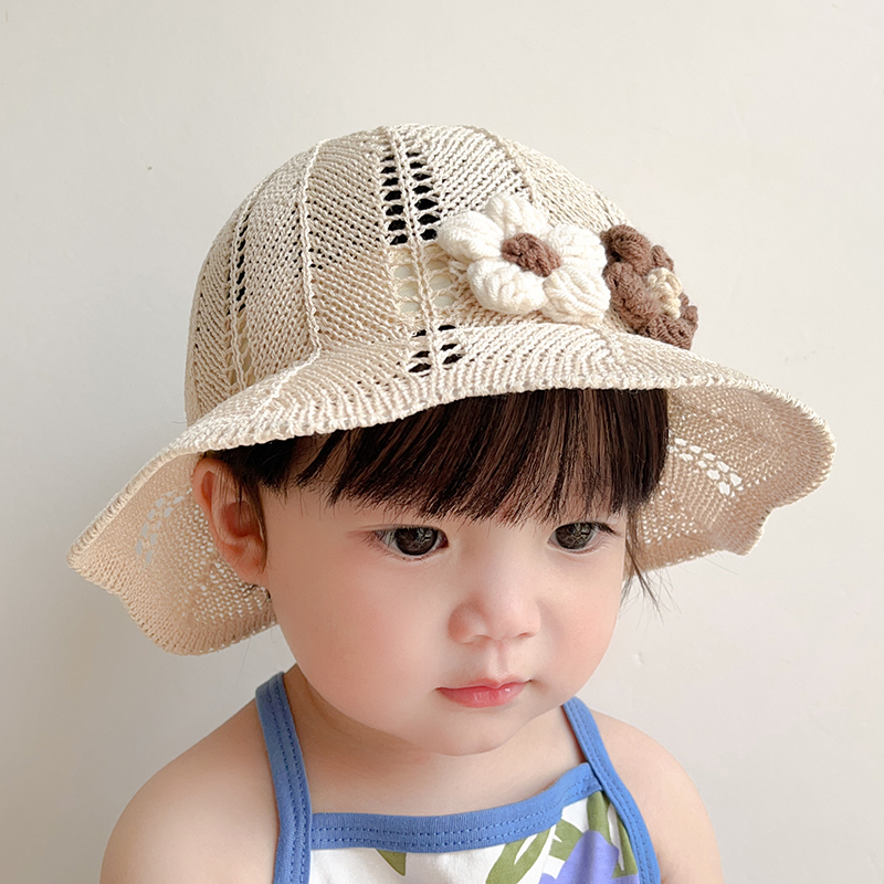 ベビー帽子 お花飾り付き子供用麦わら帽子
