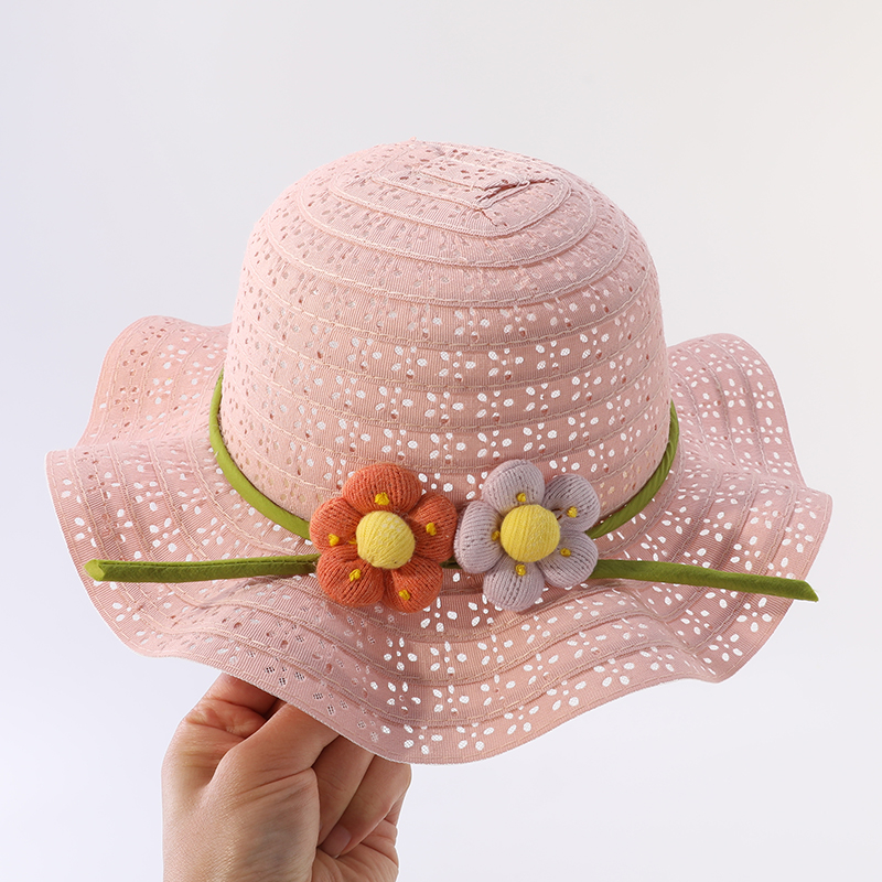 キッズ帽子 花飾り付き刺繍レース麦わら帽子
