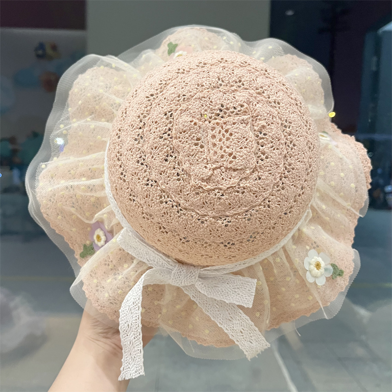 キッズ帽子 ふんわりレース付き花飾りお姫様帽子