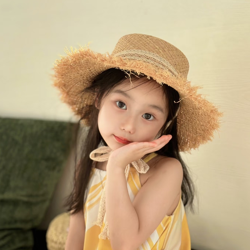 キッズ帽子 フリンジリボン 子ども用麦わら帽子