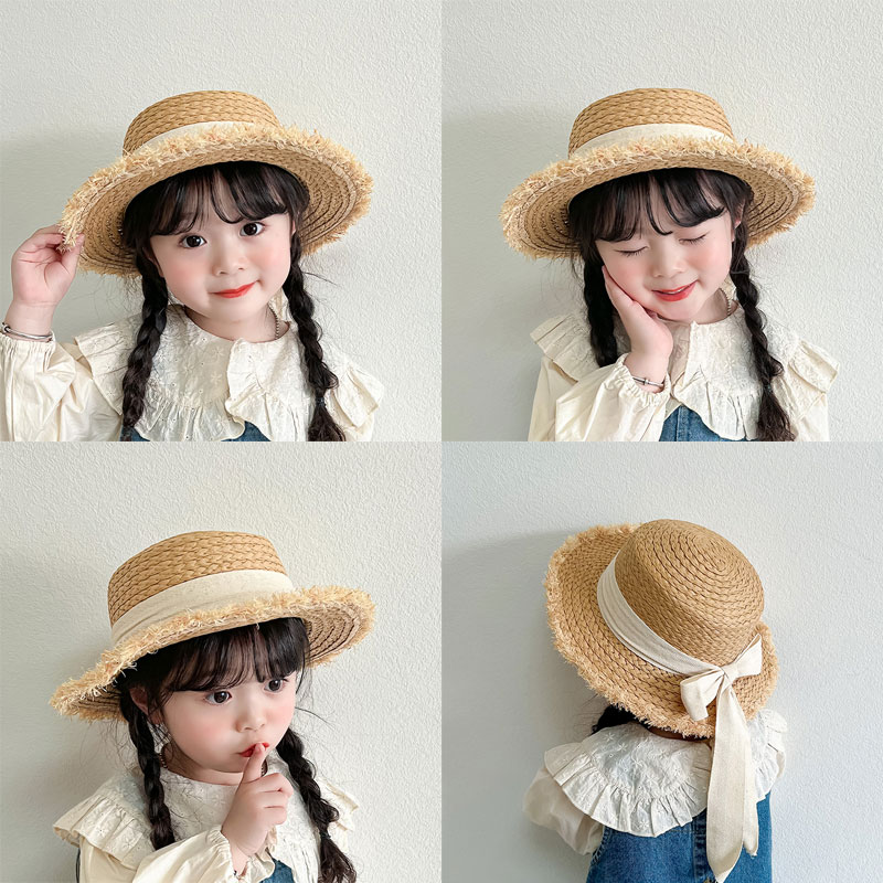 キッズ帽子 ふわふわリボン麦わら帽子