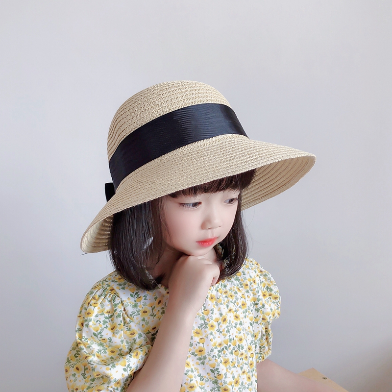 キッズ帽子 リボン飾り付き お嬢様風麦わら帽子