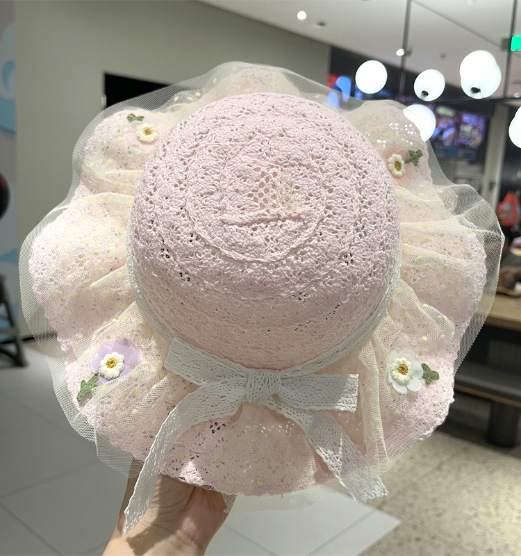 キッズ帽子 ふんわりレース付き花飾りお姫様帽子