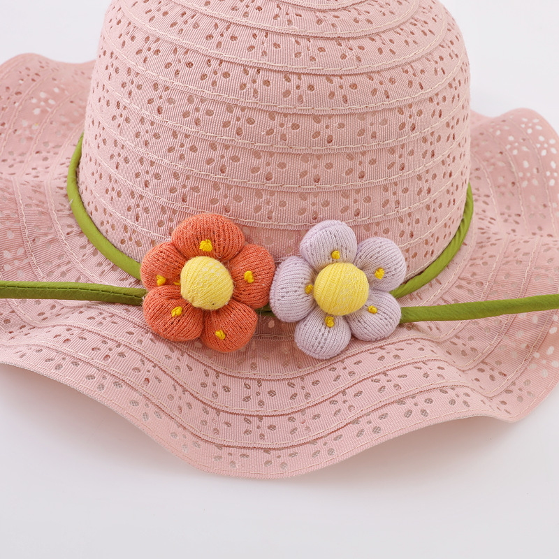 キッズ帽子 花飾り付き刺繍レース麦わら帽子