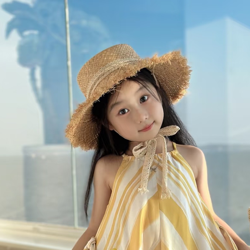 キッズ帽子 フリンジリボン 子ども用麦わら帽子