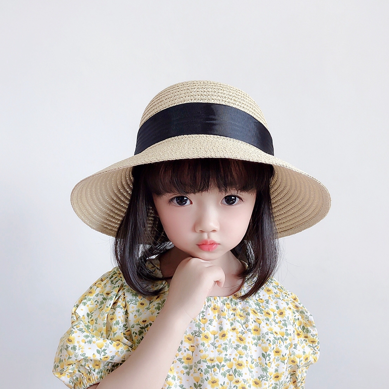 キッズ帽子 リボン飾り付き お嬢様風麦わら帽子