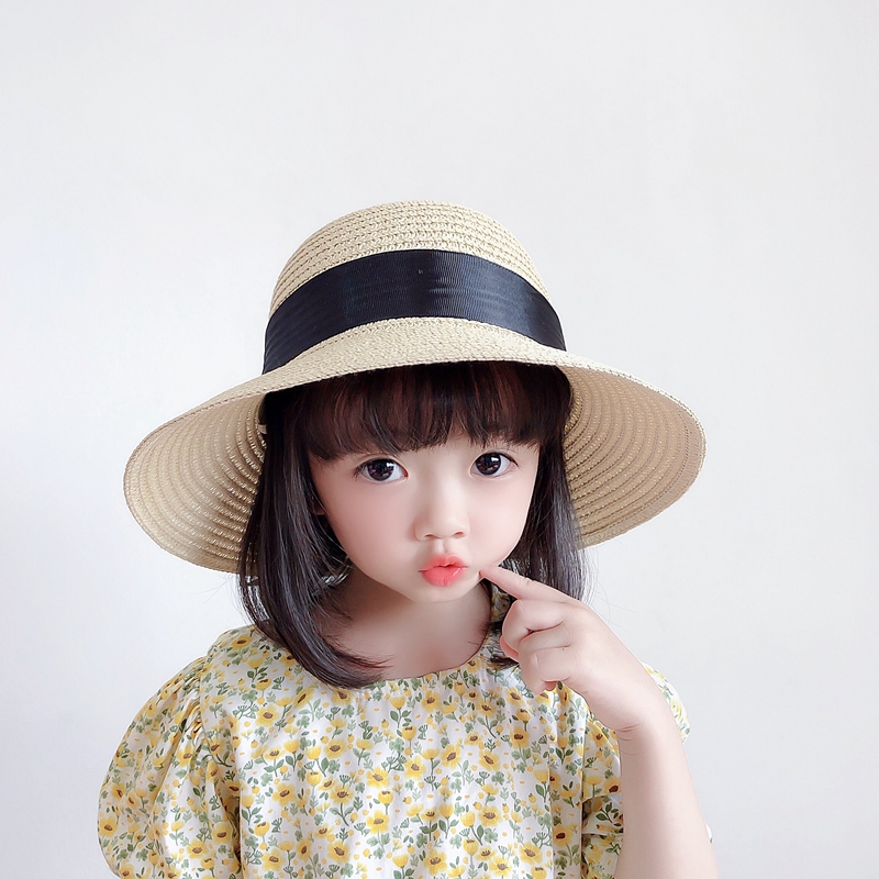 キッズ帽子 リボン飾り付き お嬢様風麦わら帽子