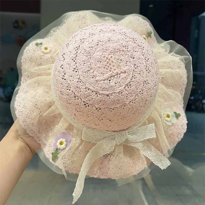 キッズ帽子 ふんわりレース付き花飾りお姫様帽子