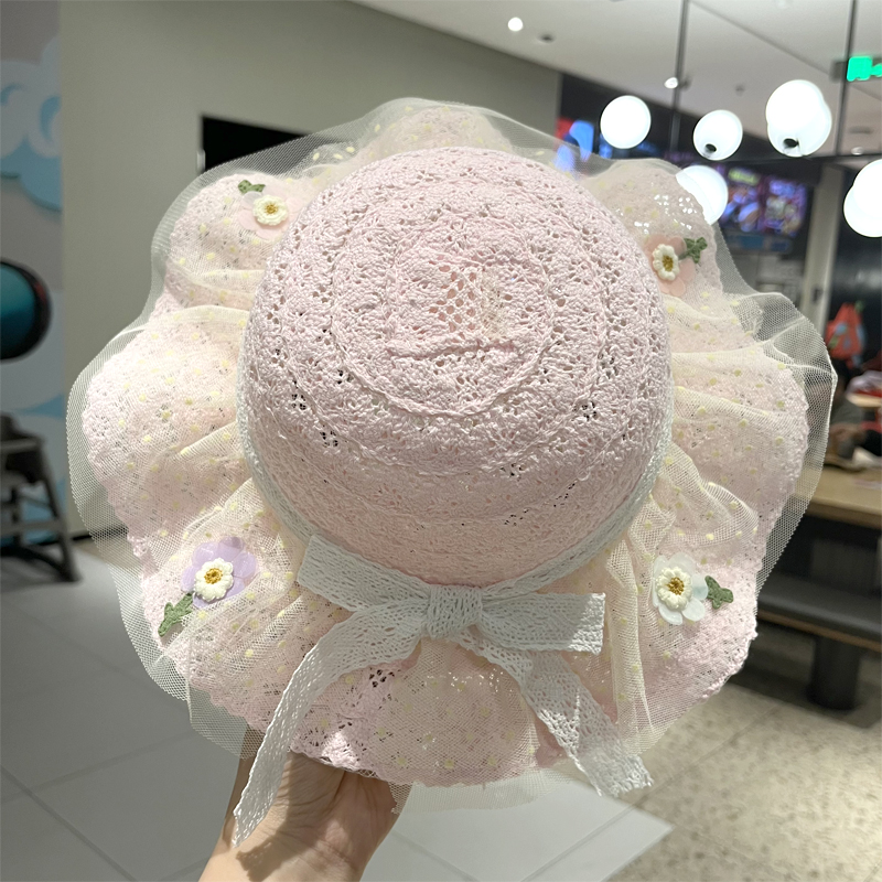 キッズ帽子 ふんわりレース付き花飾りお姫様帽子