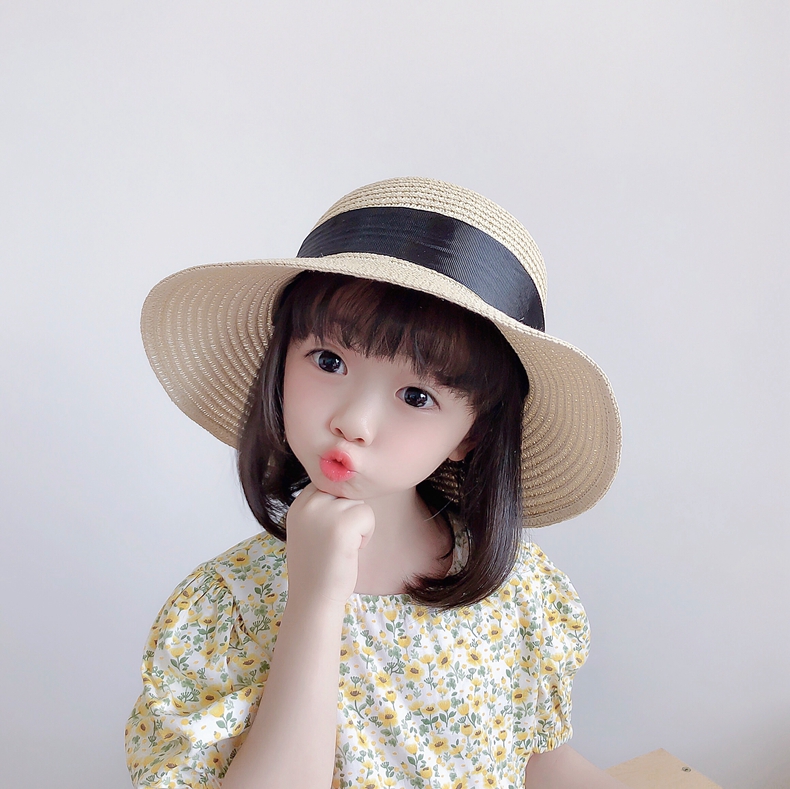 キッズ帽子 リボン飾り付き お嬢様風麦わら帽子