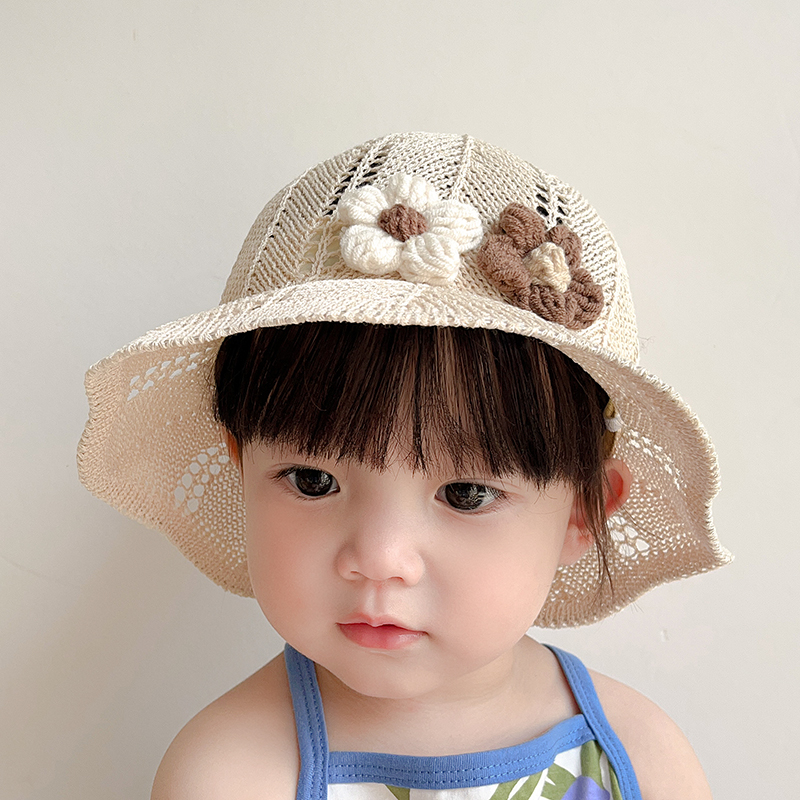 ベビー帽子 お花飾り付き子供用麦わら帽子