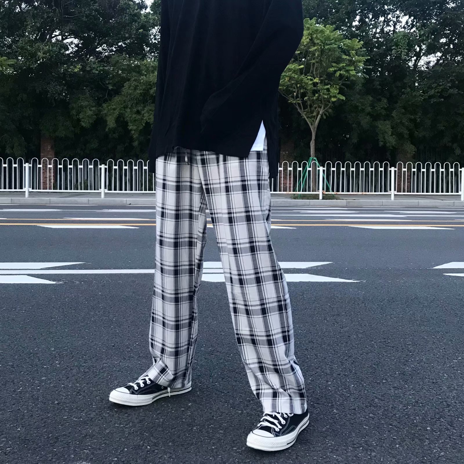 チェックパンツ チェックパンツ ゆったり格子柄ワイドパンツ