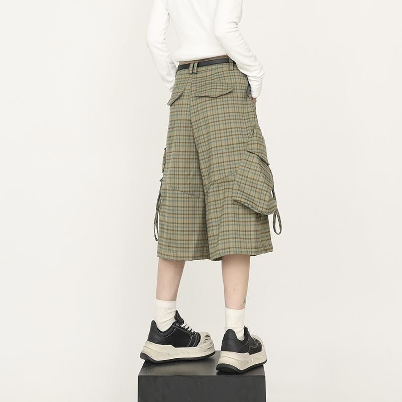 チェックパンツ マルチポケットワイドハーフパンツ