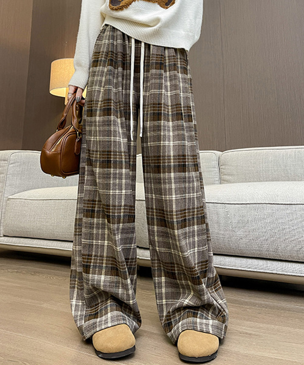 チェックパンツ チェック柄ハイウエストワイドパンツ