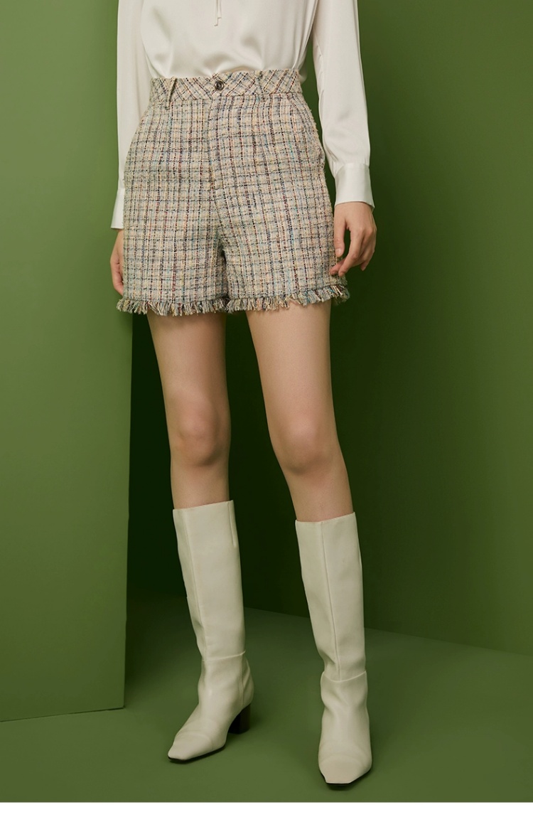 チェックパンツ ショート ツイード調フリンジショートパンツ