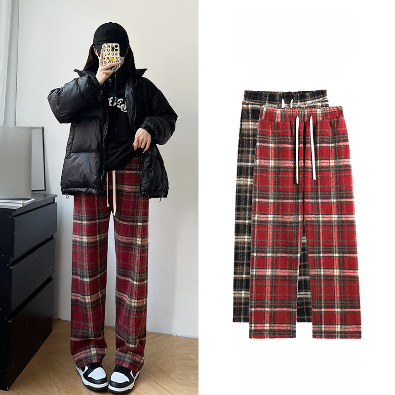 チェックパンツ 裏起毛タータン格子柄ワイドパンツ