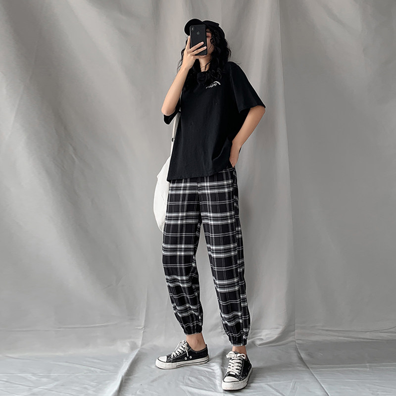 チェックパンツ 格子柄裾絞りジョガーパンツゴム仕様