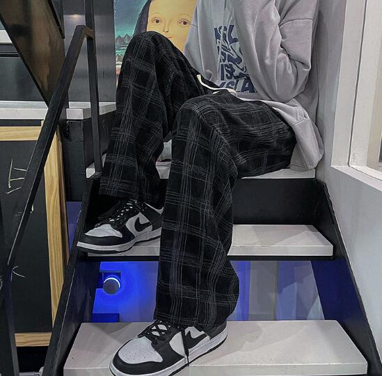 チェックパンツ 春夏メンズゆったりチェック柄パンツレトロ風