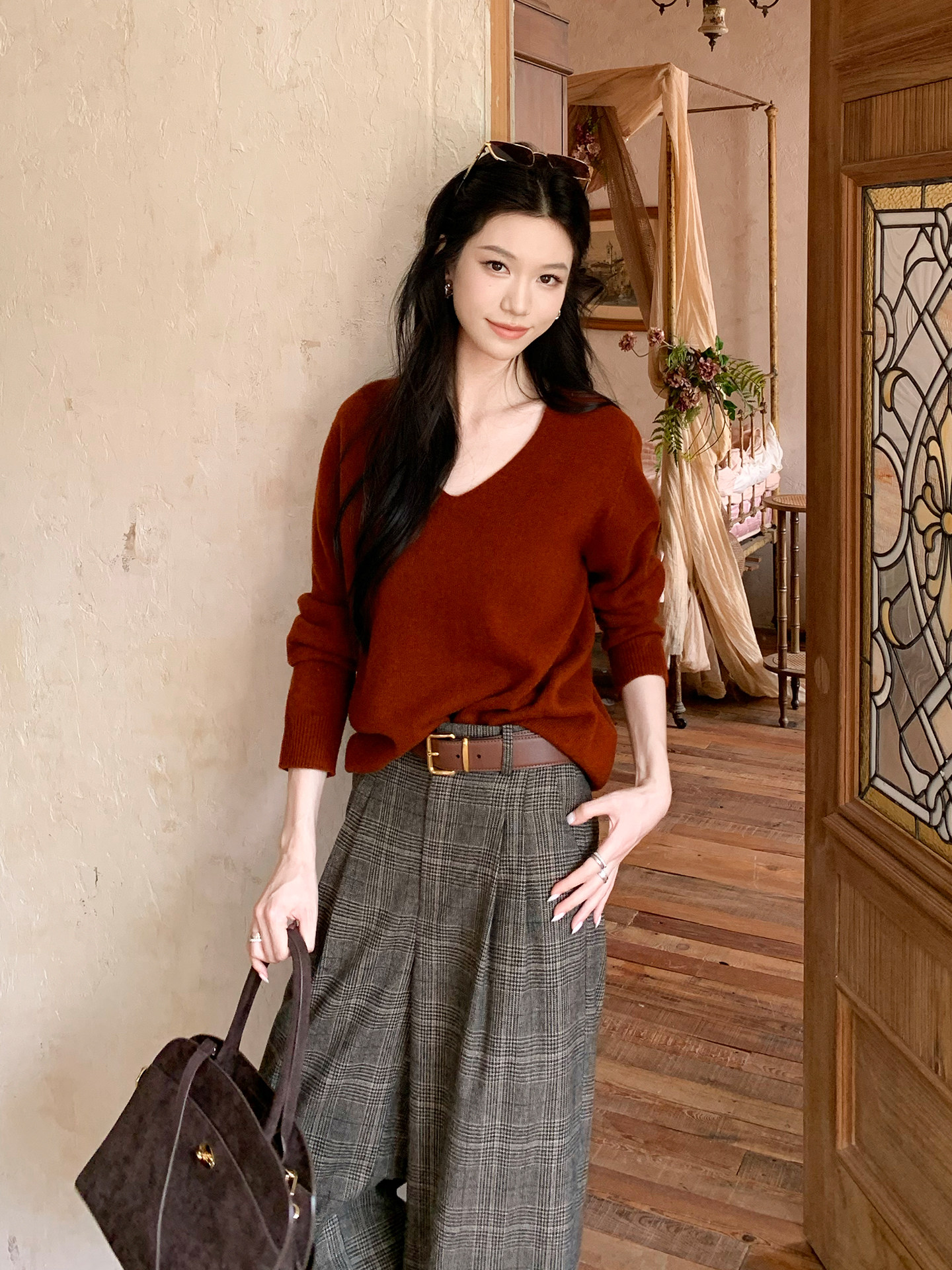 チェックパンツ グレンチェック柄ワイドタックスラックス