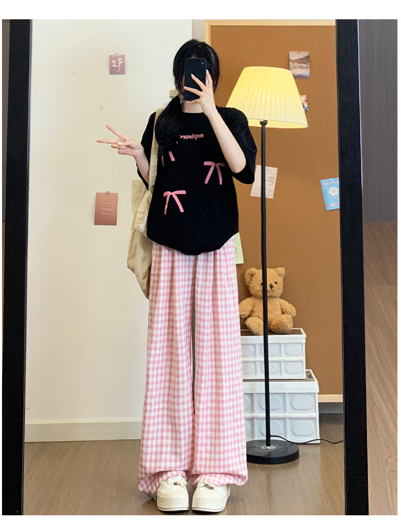 チェックパンツ 爽やか格子柄ワイドパンツ