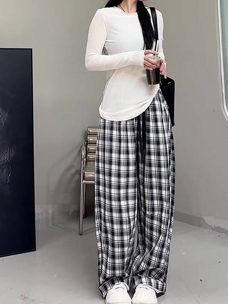 チェックパンツ 白黒 ゆったりシルエット格子柄ワイドパンツ