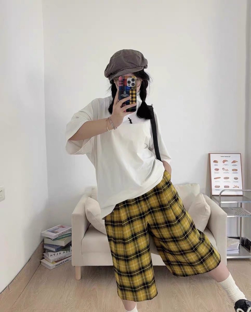 チェックパンツ タータンチェック柄ワイドシルエットハーフ丈パンツ