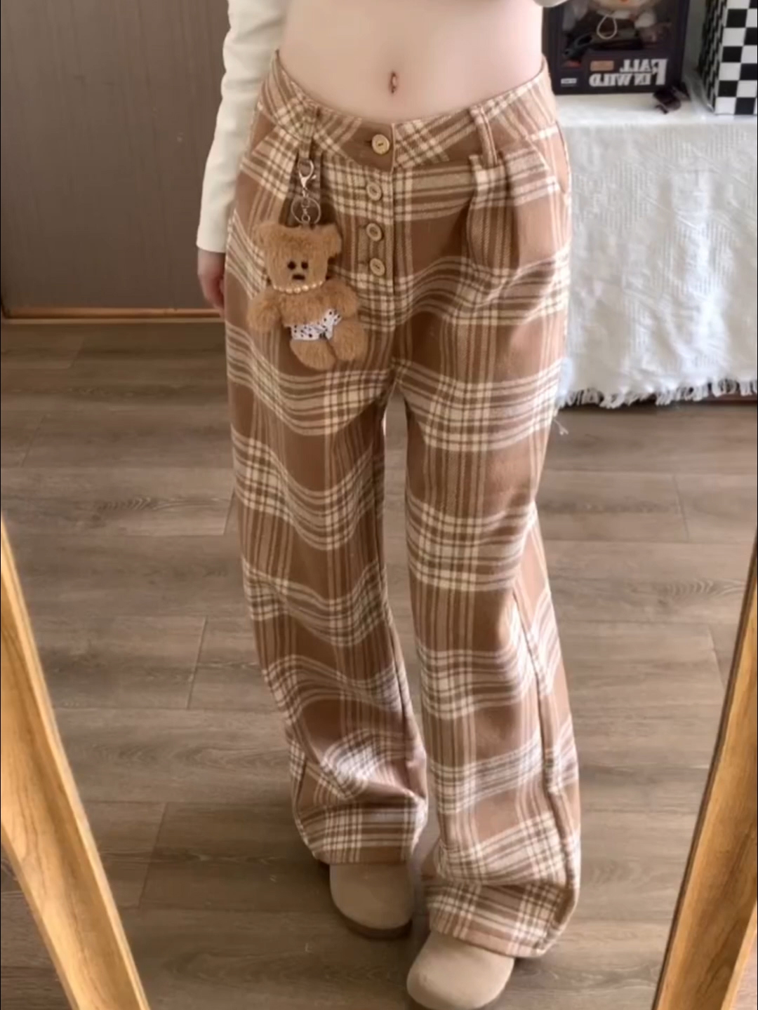 チェックパンツ ウエストボタン タータンチェック フレアパンツ