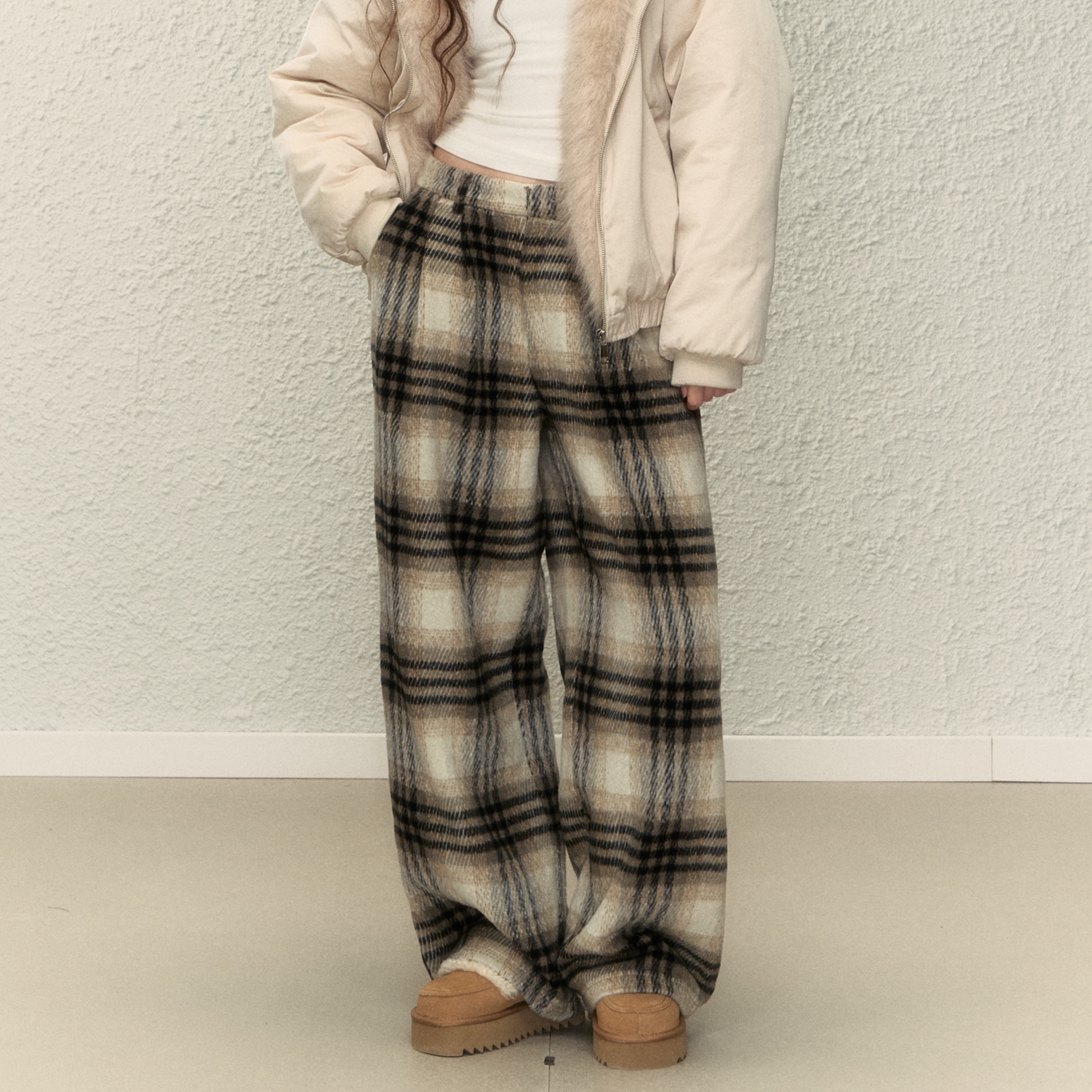 チェックパンツ もこもこチェック ゆるふわ ワイドパンツ