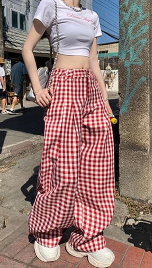 チェックパンツ 赤 ゆったりチェック柄ワイドパンツ
