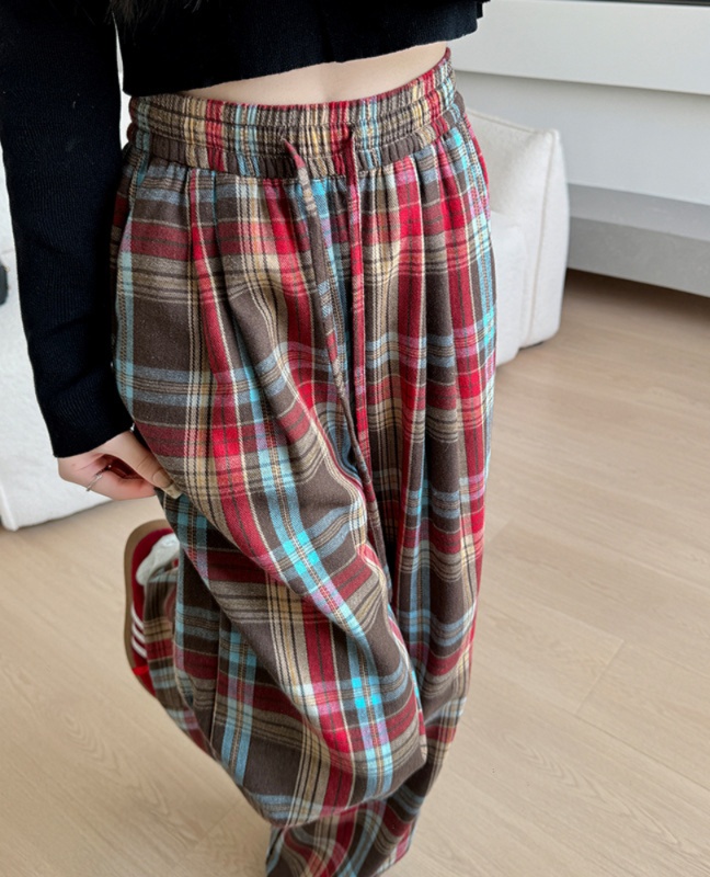 チェックパンツ 赤 ゆったりチェック柄リラックスパンツ