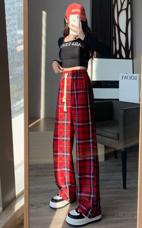 チェックパンツ 赤 伝統格子柄 ゆったりワイドパンツ
