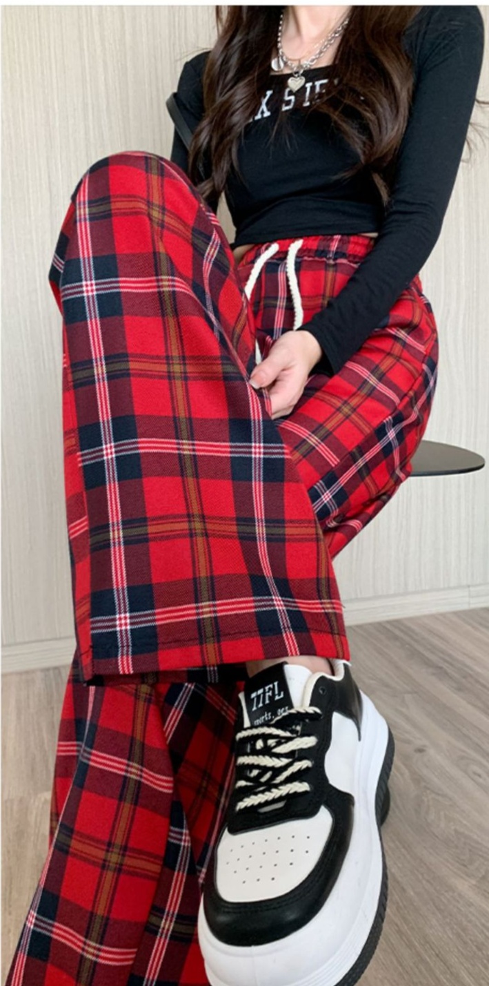 チェックパンツ 赤 伝統格子柄 ゆったりワイドパンツ