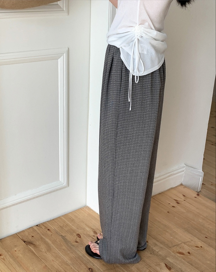チェックパンツ グレー ゆったりシルエット格子柄ワイドパンツ