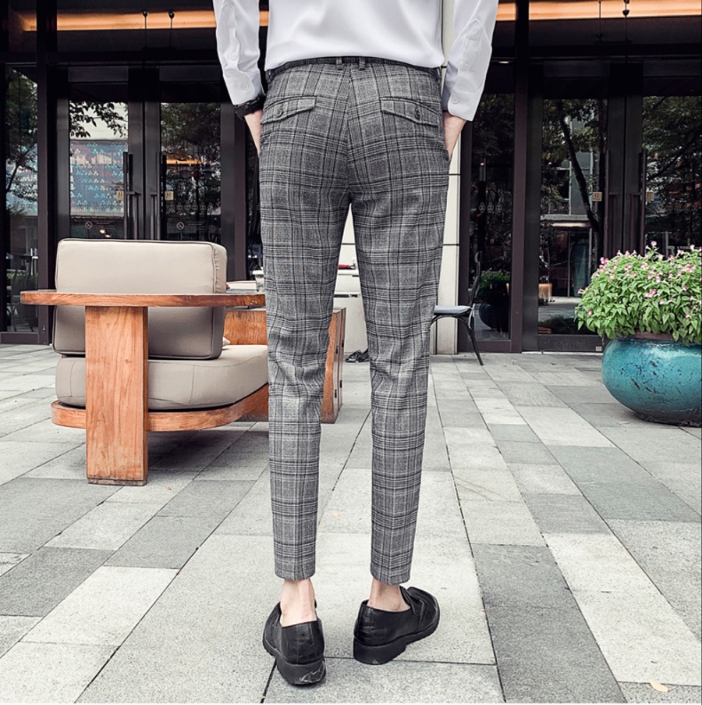 チェックパンツ グレー 格子柄スリムフィットパンツ