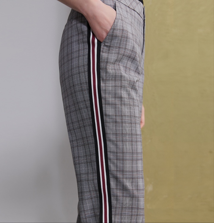 チェックパンツ グレー サイドライン入りチェック柄クロップドパンツ