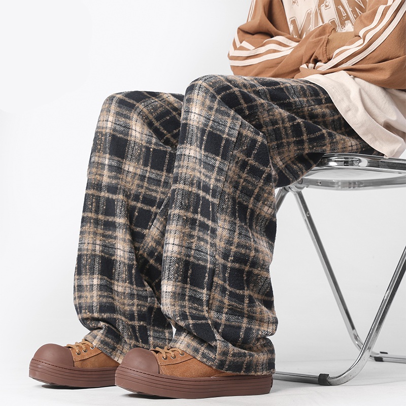 チェックパンツ おしゃれ格子柄ワイドパンツ 冬向けあったか生地