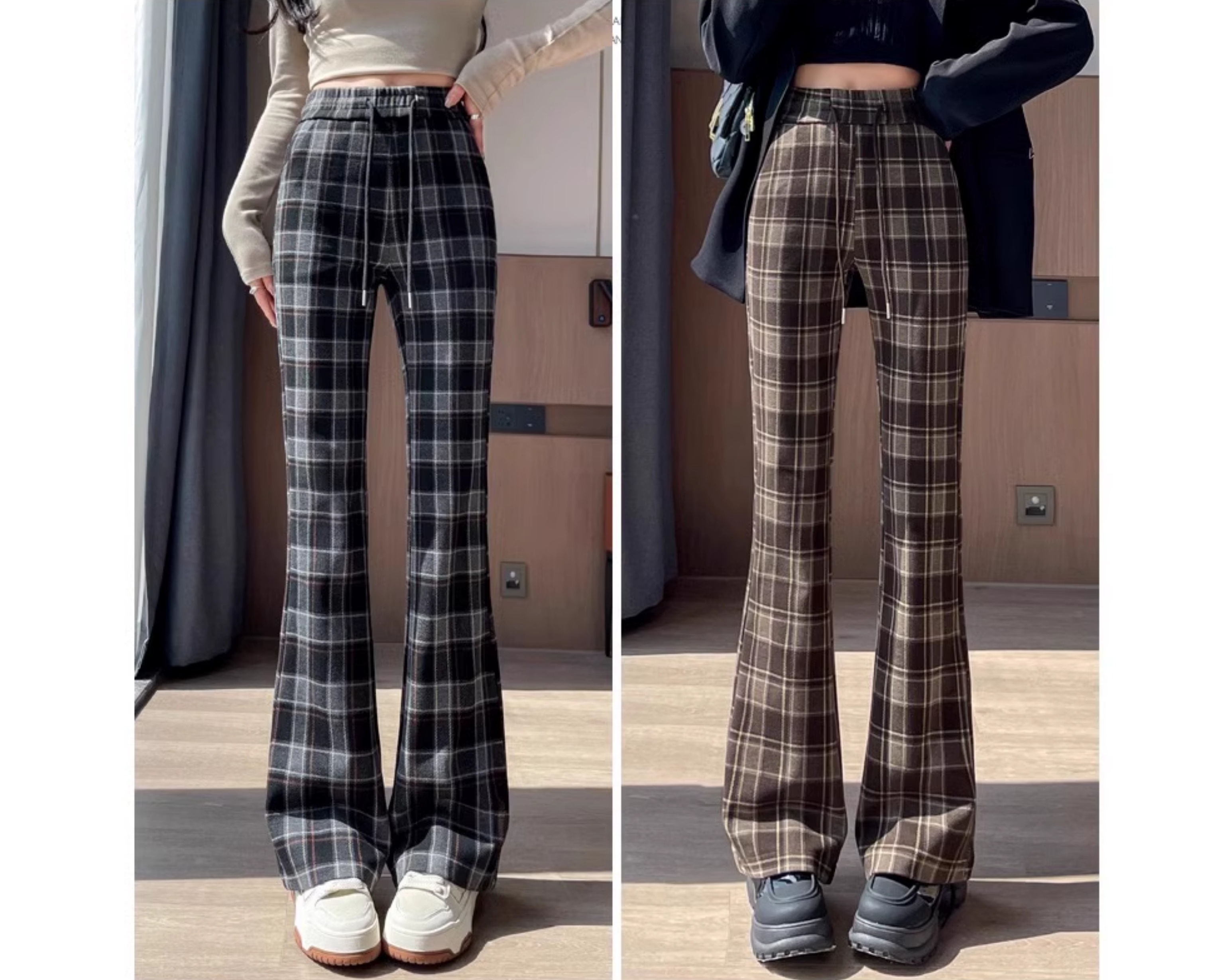チェックパンツ レトロ調チェック柄フレアパンツ