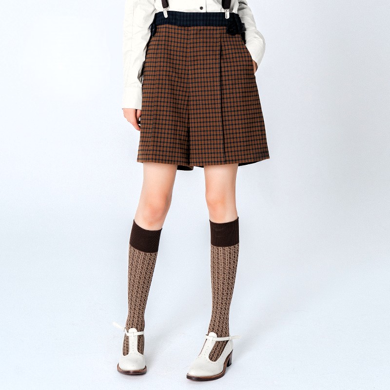 チェックパンツ レトロ風チェック柄ショートパンツ 吊りバンド付き