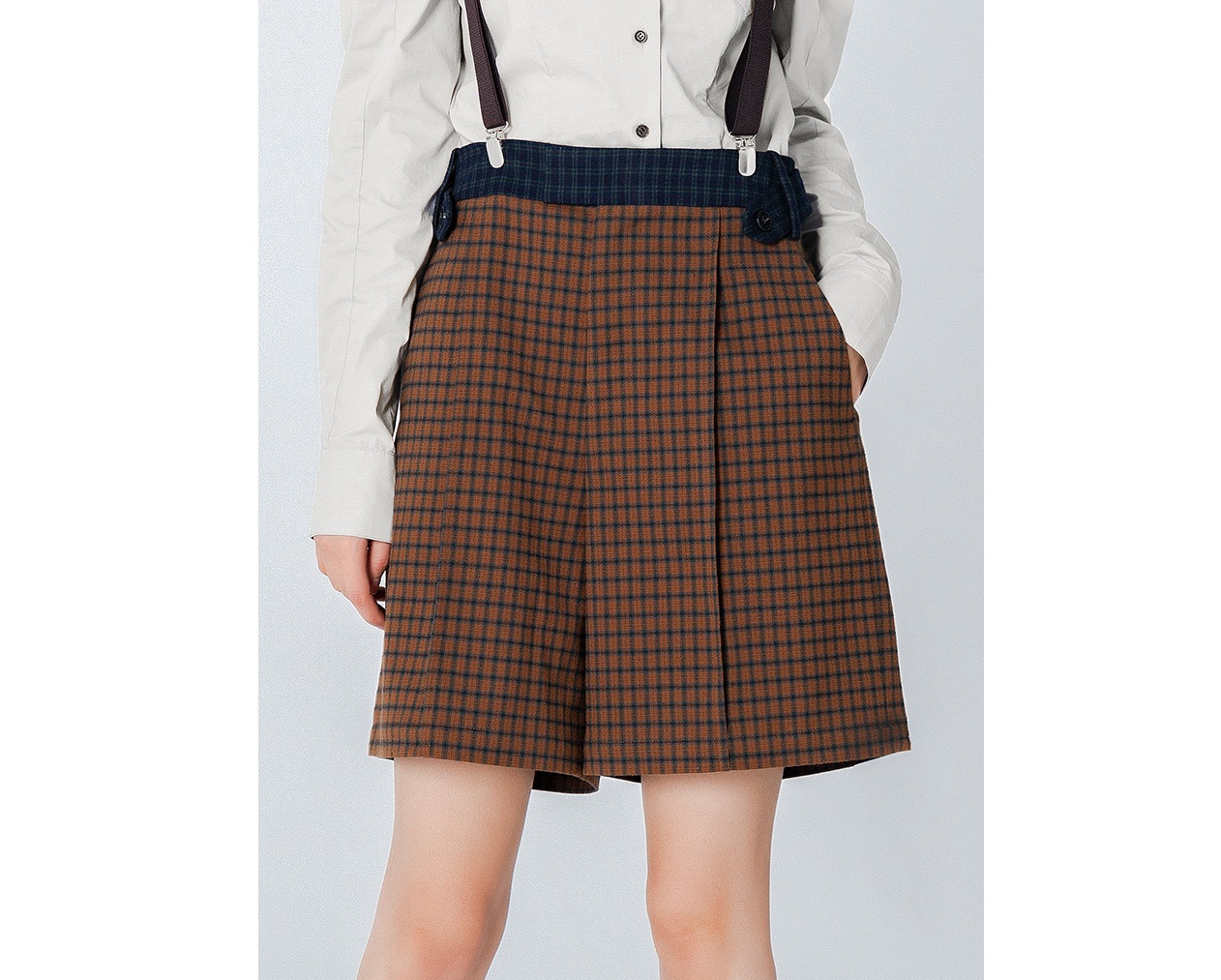 チェックパンツ レトロ風チェック柄ショートパンツ 吊りバンド付き