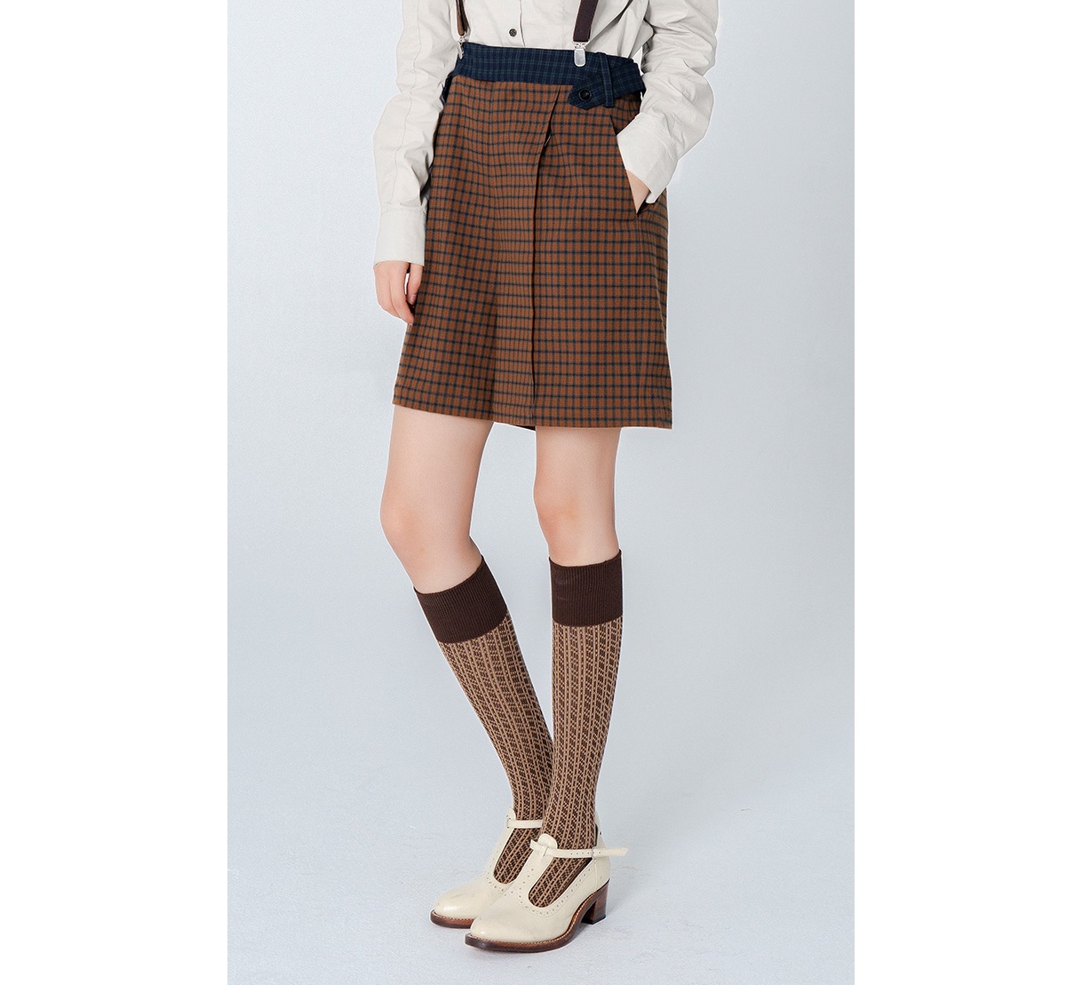 チェックパンツ レトロ風チェック柄ショートパンツ 吊りバンド付き