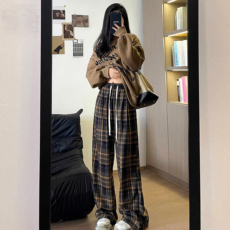 チェックパンツ ゆったり着こなし 格子柄ワイドパンツ