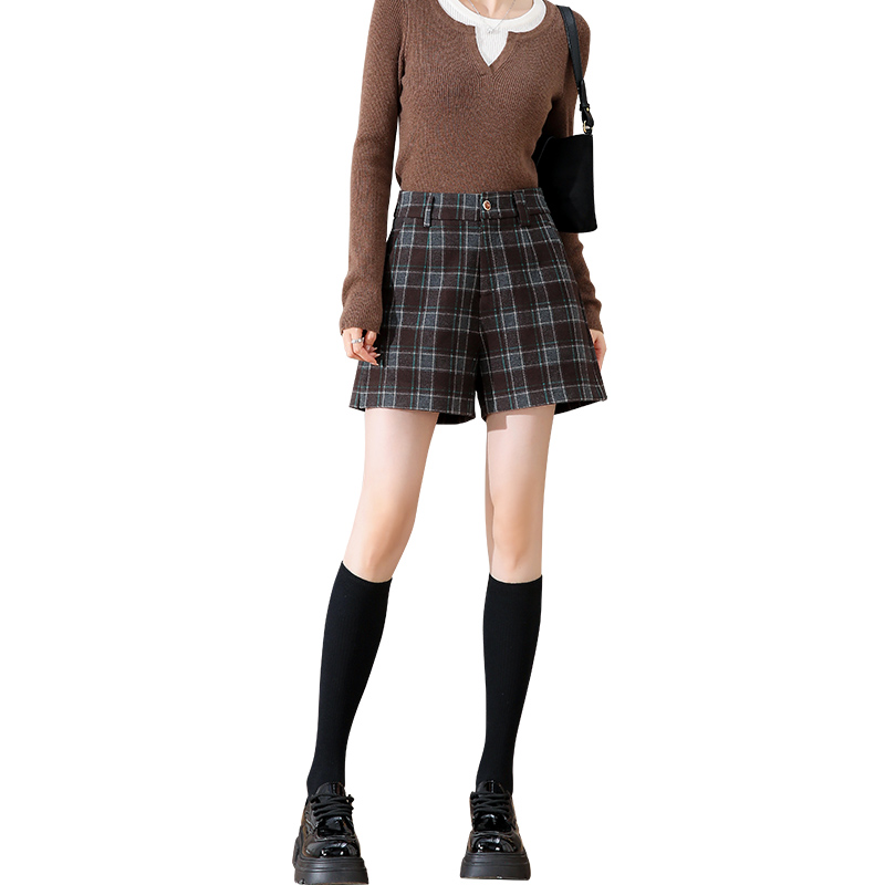 チェックパンツ 秋冬暖かみ格子柄ウール風ショートパンツ