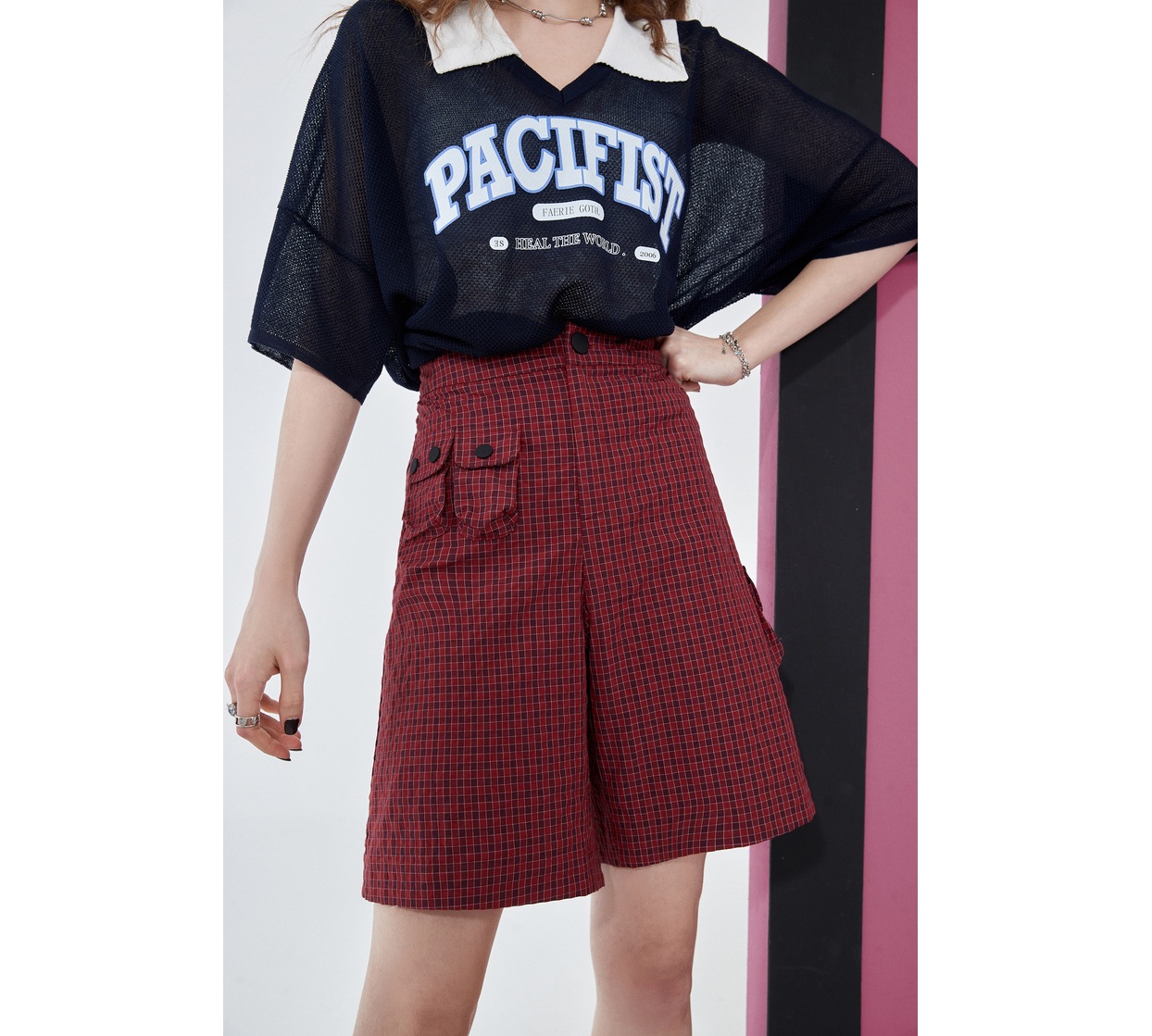 チェックパンツ クラシック格子柄ハイウエストショートパンツ