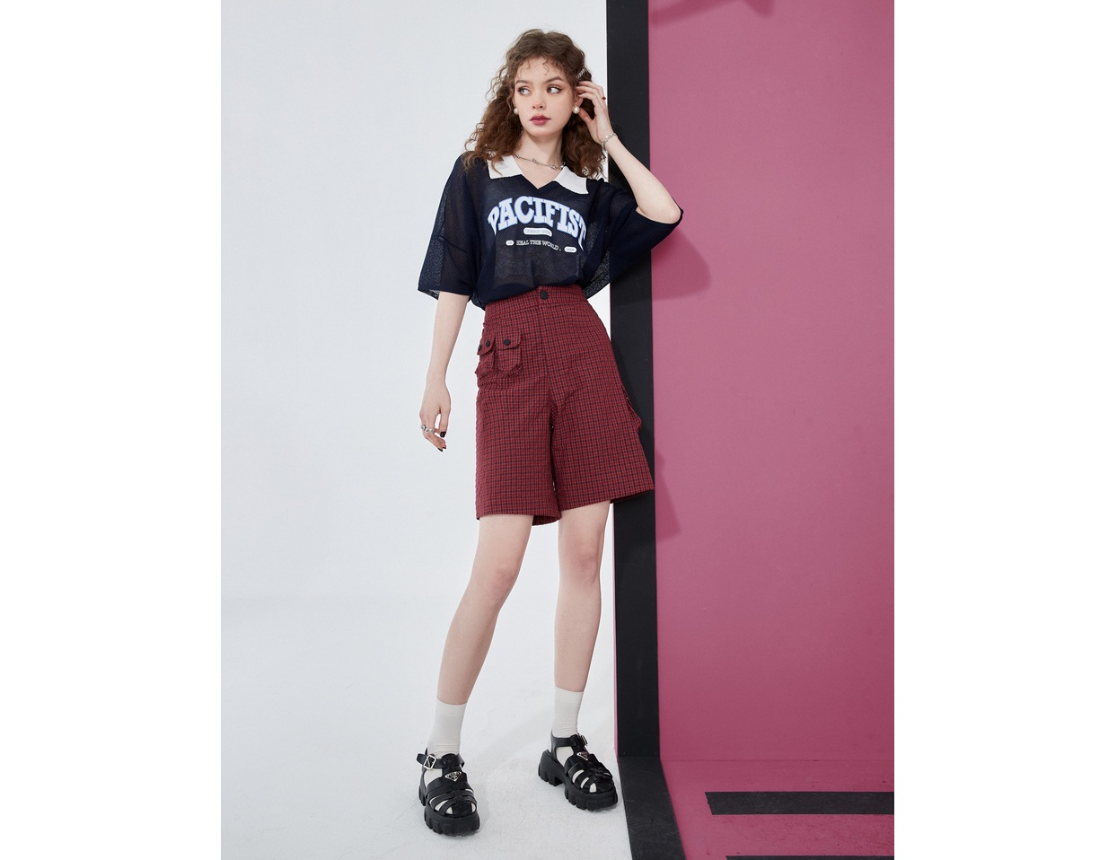 チェックパンツ クラシック格子柄ハイウエストショートパンツ